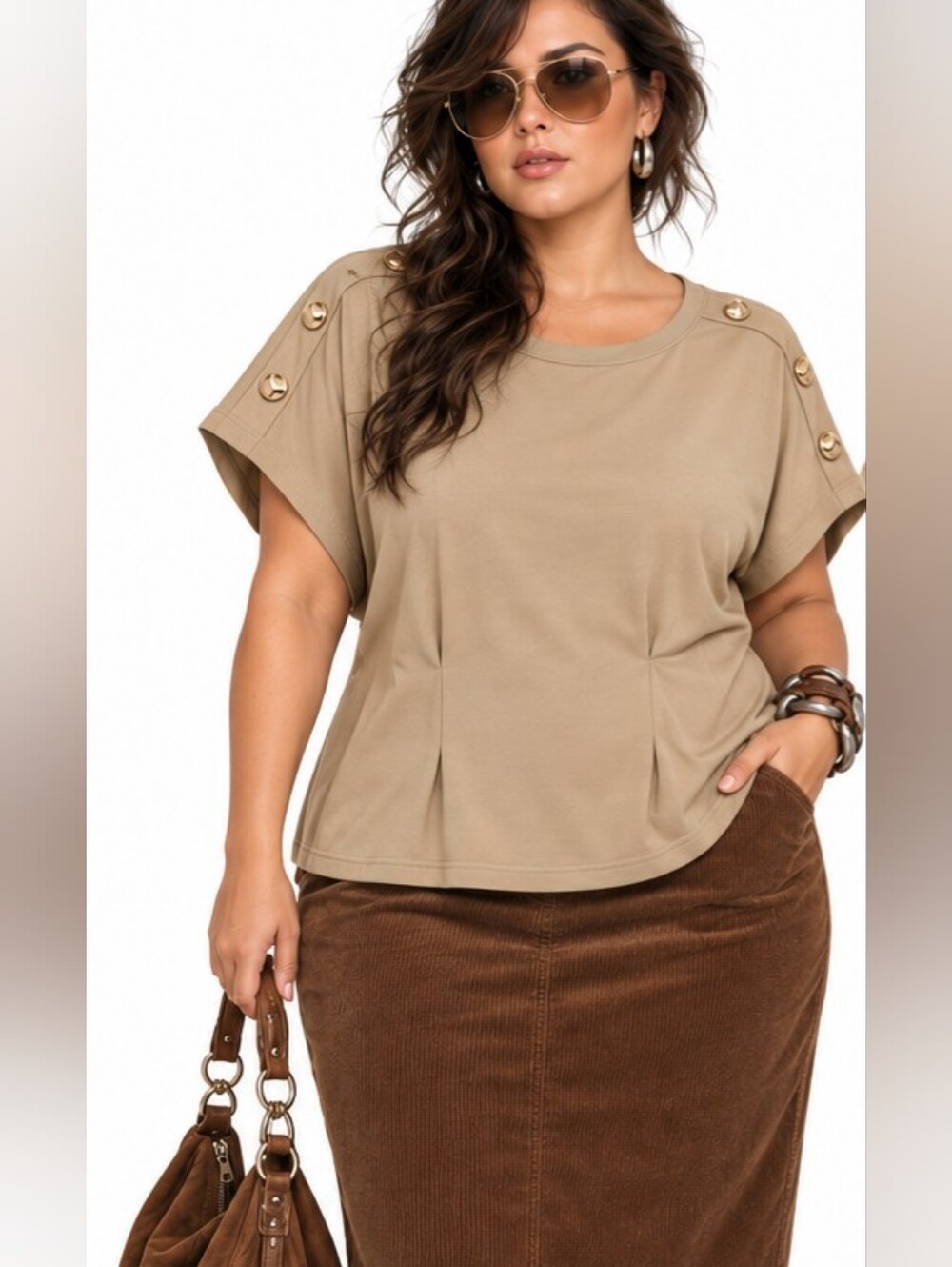 NWT Love Forever Tan Camel Dolman Sleeve Gold Button Detail Top Plus Size 2X
